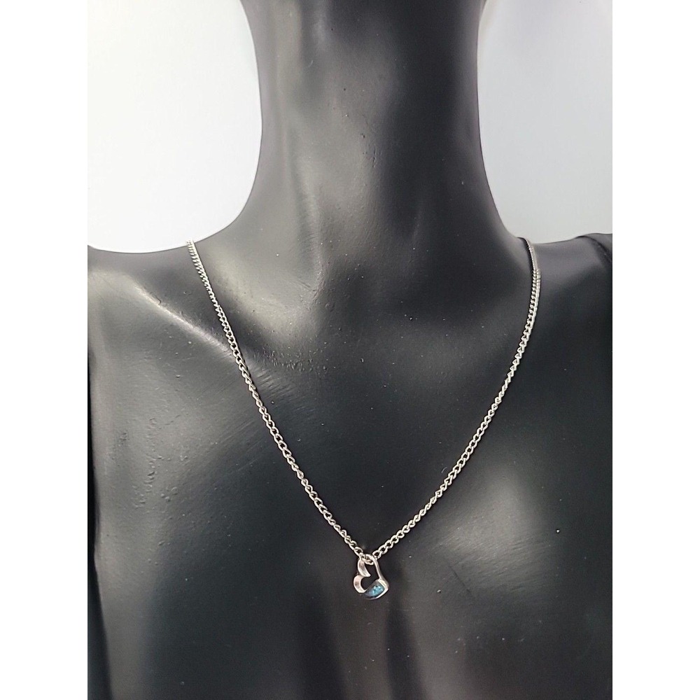 Vintage Small Open‎ Heart Necklace Blue Stone Inlay Minimalist Layering Pendant